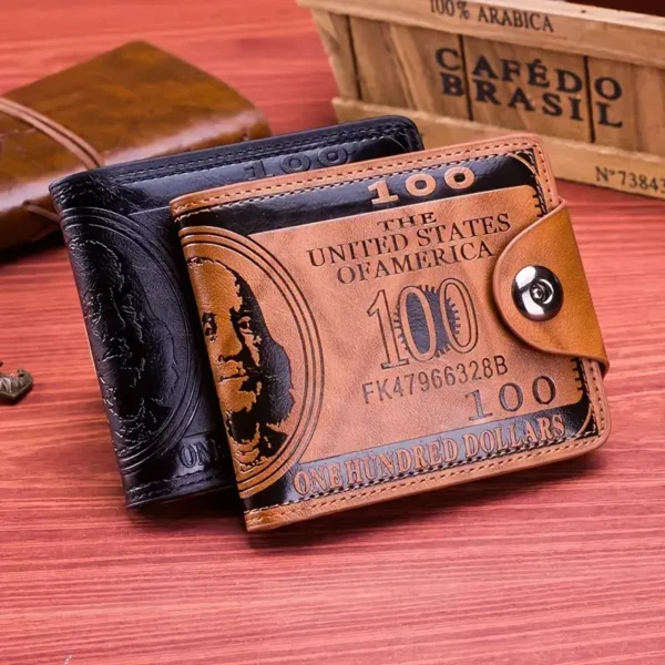 Men's Brown Leather Bifold Wallet with US Dollar Bill Design - Image 3