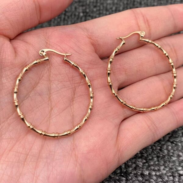 Elegant 18K Gold-Plated Stainless-Steel Bamboo Hoop Earrings - FGS: Golden - Image 2
